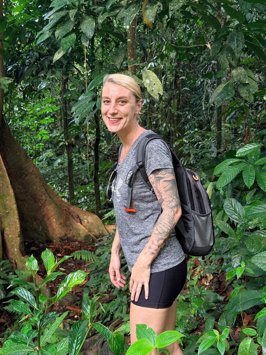 Leslie im Dschungel mit Rucksack